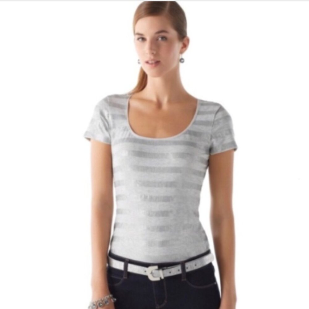 White House Black Market Silver Gray Sequin Striped Tee Sz‎ XS #220E